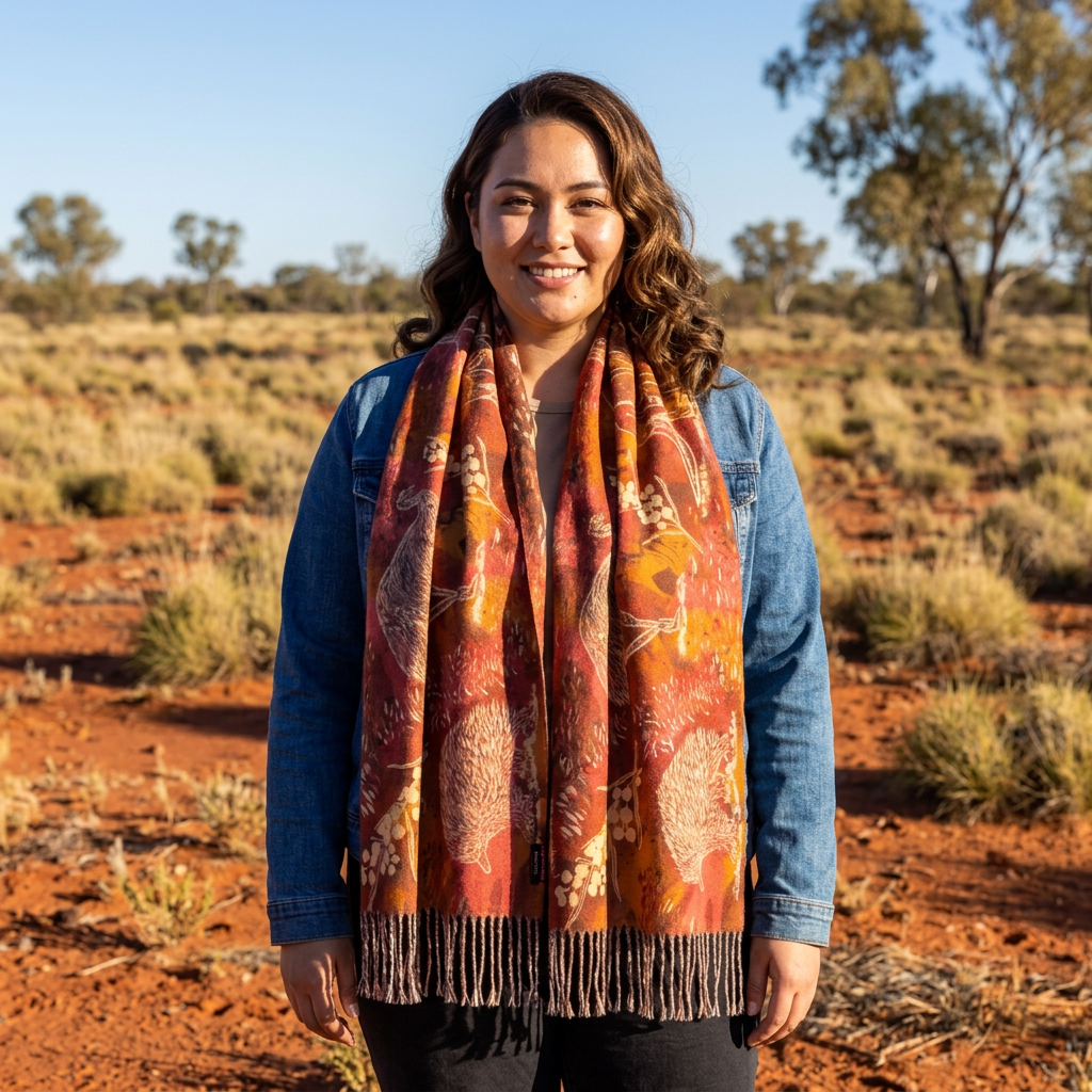 Australian Wildlife Light Scarf — Echidna, Kangaroo and Goanna Print