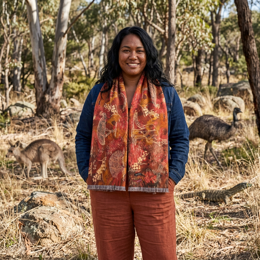 Australian Wildlife Light Scarf — Echidna, Kangaroo and Goanna Print